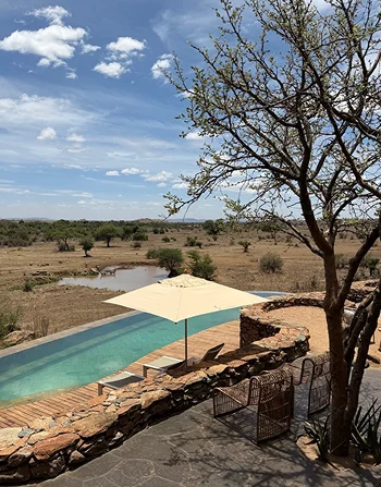A swimming pool and umbrella overlooking a waterhole.