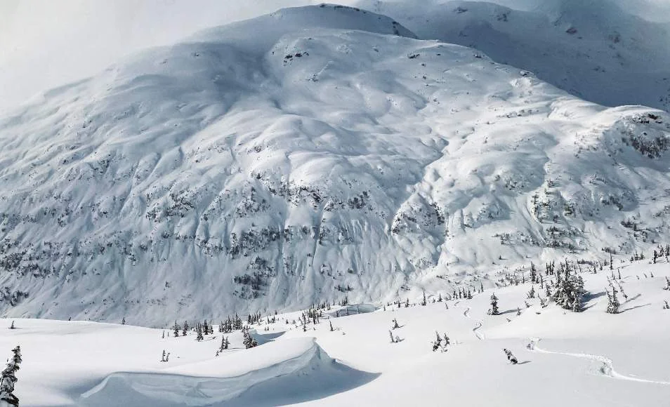 Snow-covered mountain terrain in British Columbia